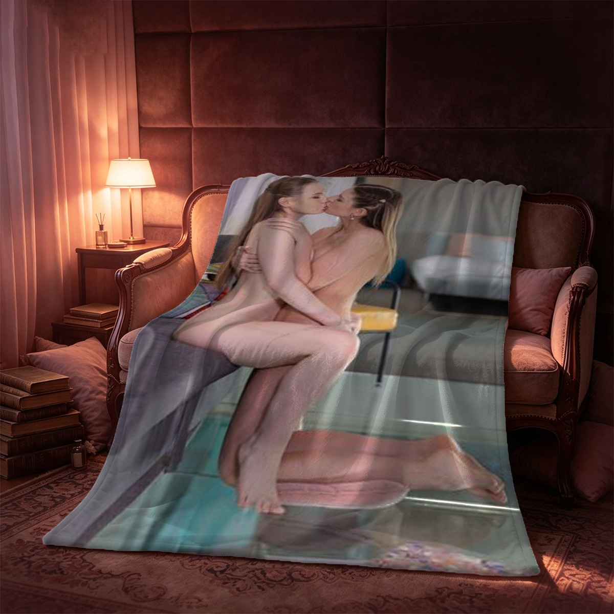 Blonde nude in shower pressing against marble wall - Blanket