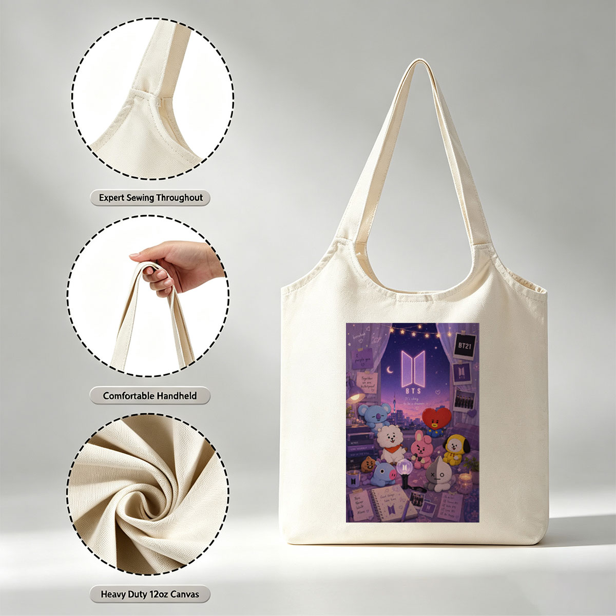 BTS BT21 Characters in a Cozy Room with City View and Dreamy Night Sky Decor - Canvas shoulder bags/