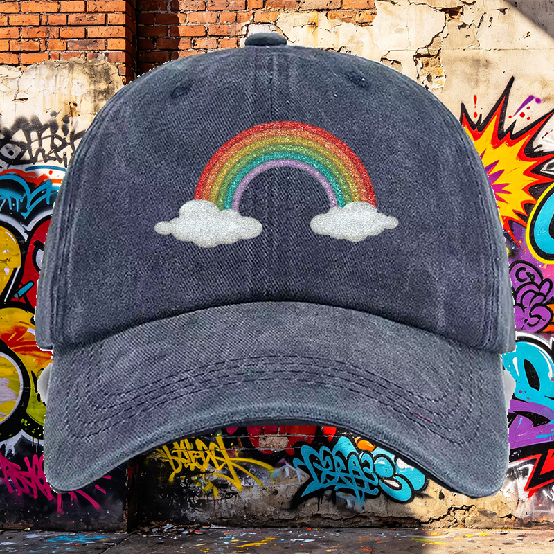 Men's Printed Washed Cap with Glitter Rainbow and Cloud Design, Casual Round Brim Summer Lightweight Hat for Outdoor Activities, Perfect for Young Adults and Trendy Streetwear Enthusiasts