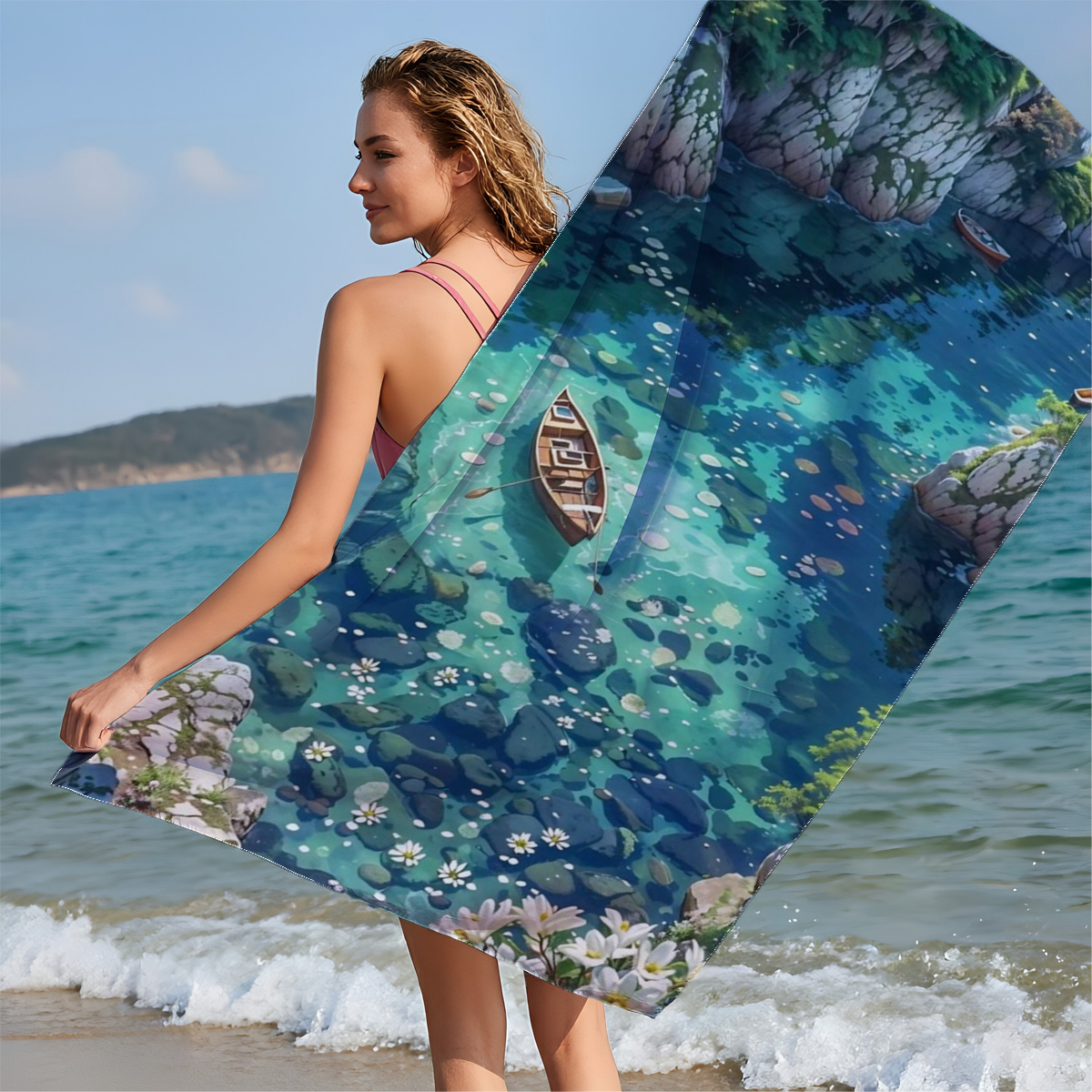 A serene boat floats on crystal-clear waters surrounded by rocky cliffs and blooming flowers. - Beach towels
