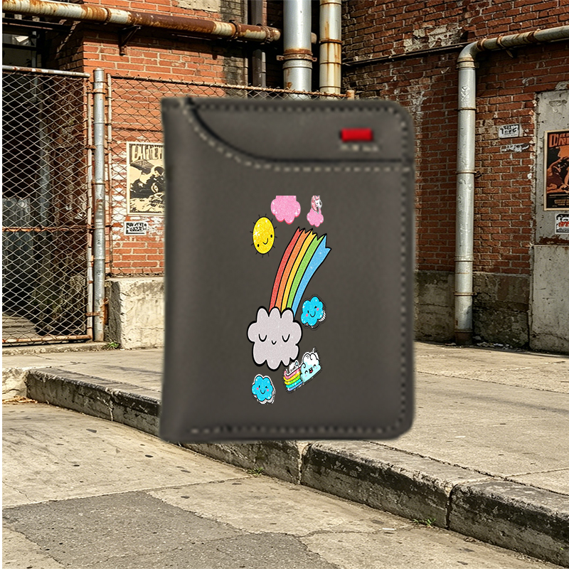 Unisex Vertical Wallet with Rainbow Clouds and Sparkle Design, Cute Cartoon Print for Daily Use, Perfect for Teens and Young Adults Who Love Whimsical Style