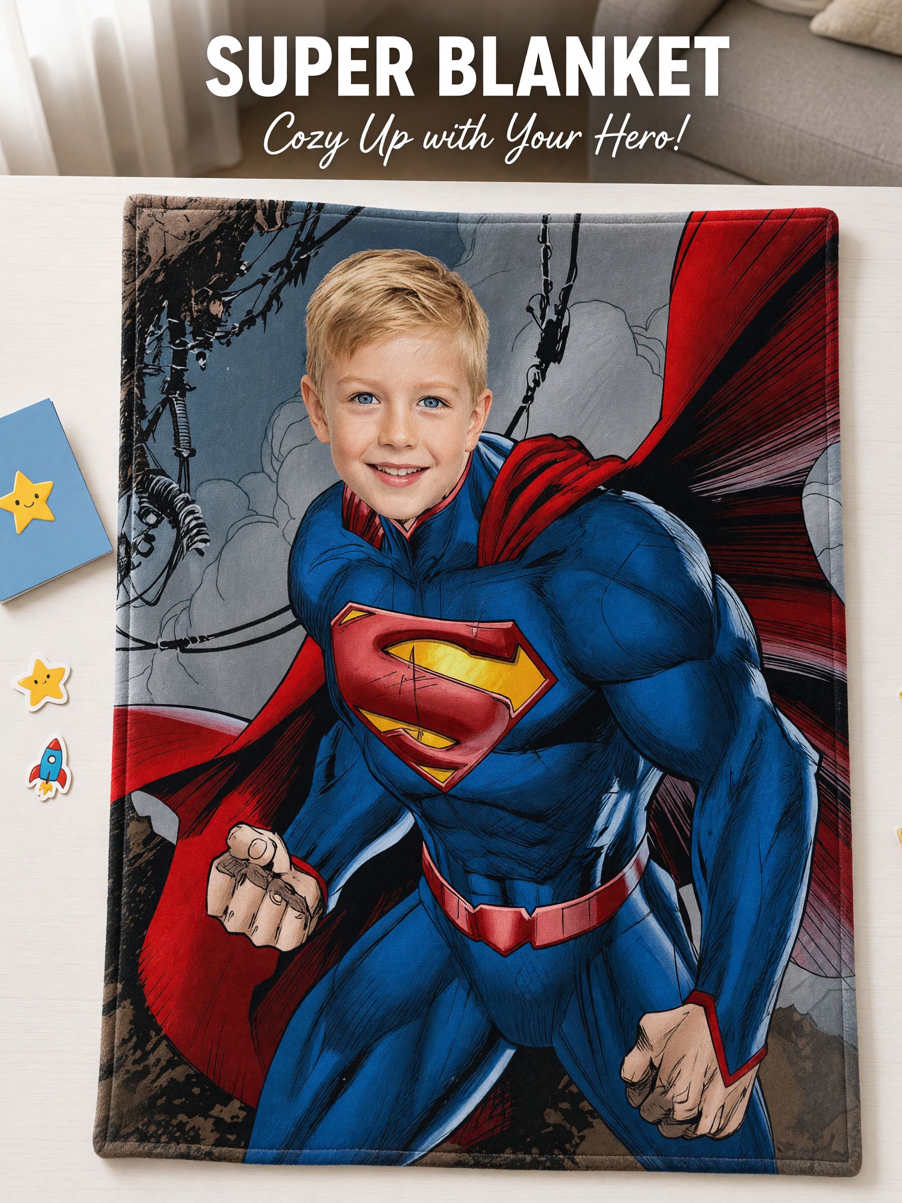 Custom Face Superhero Blanket Personalized Photo Flannel Fleece Throw Soft Warm Bed Couch Throw for Kids and Adults