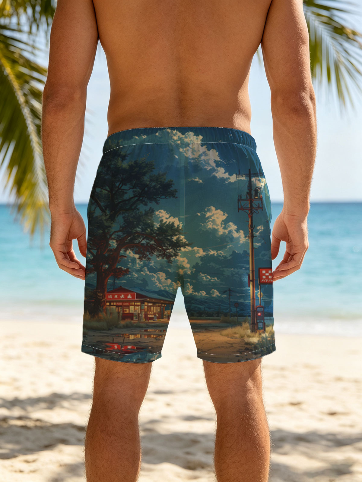 A cozy roadside shop under a vast sky, illuminated by warm lights and framed by a large tree and distant mountains. -  Beach shorts