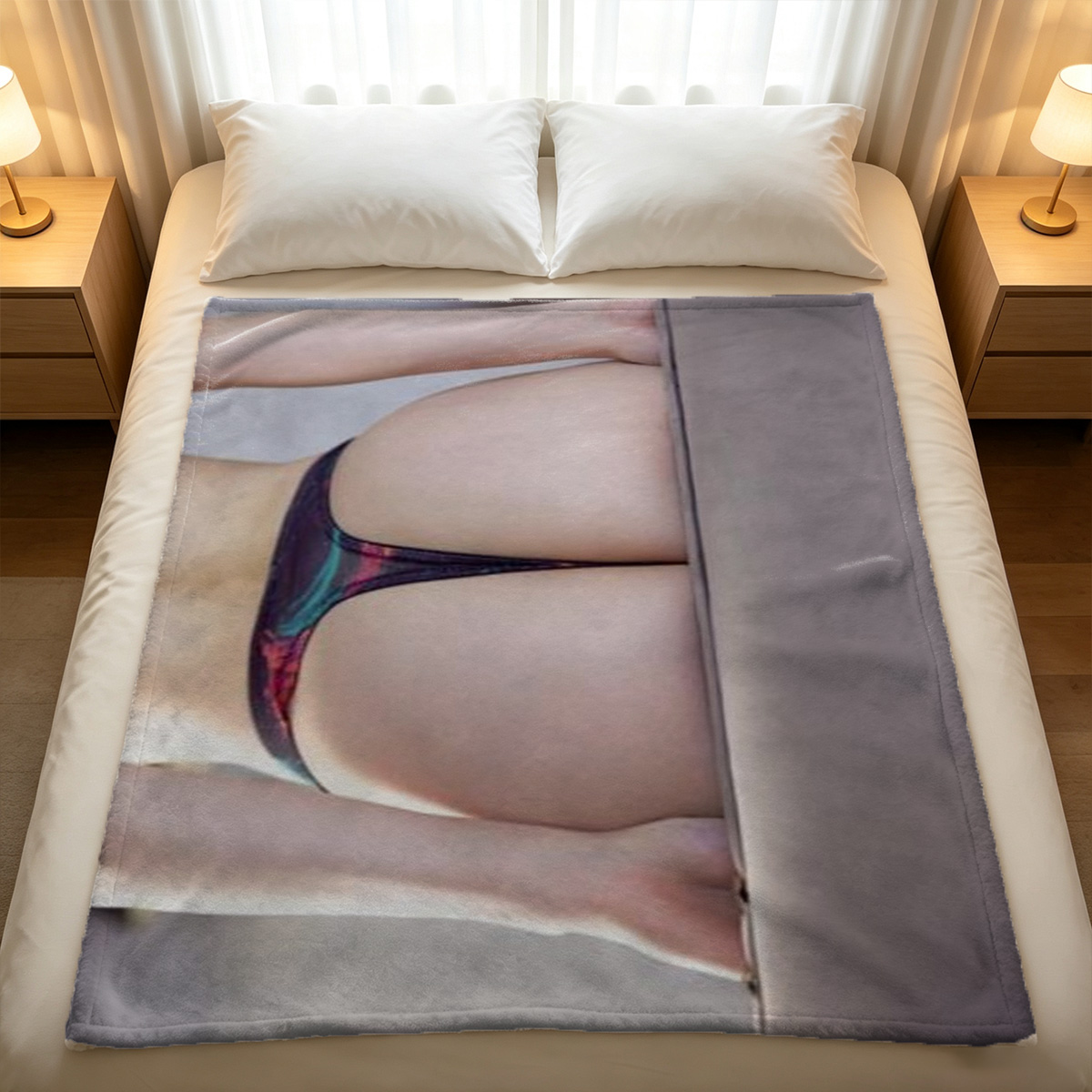 Blue-haired model in striped panties sitting on floor with towel. - Blanket