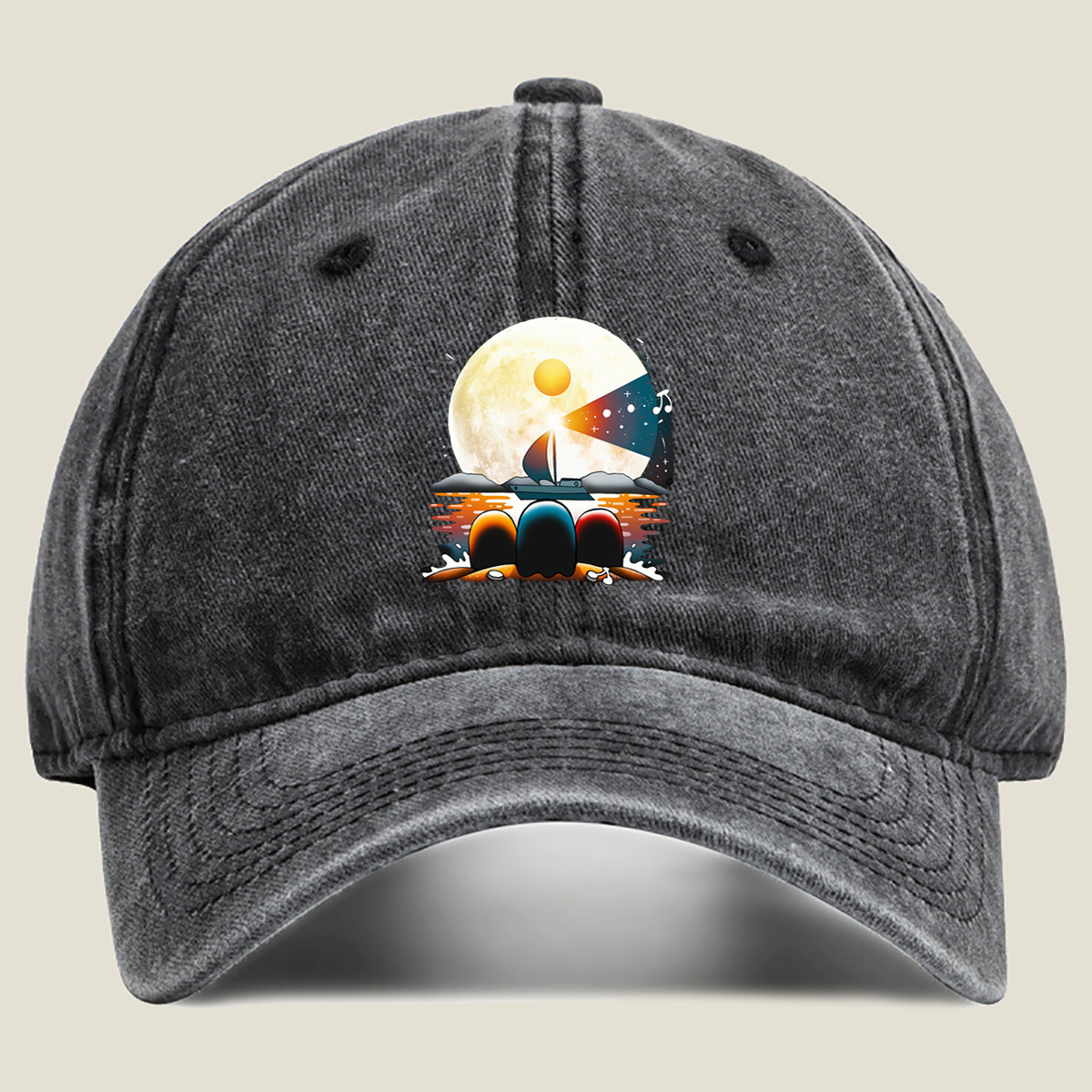 Sailboat Under the Moonlight with Musical Notes - Washed Denim - Baseball Cap