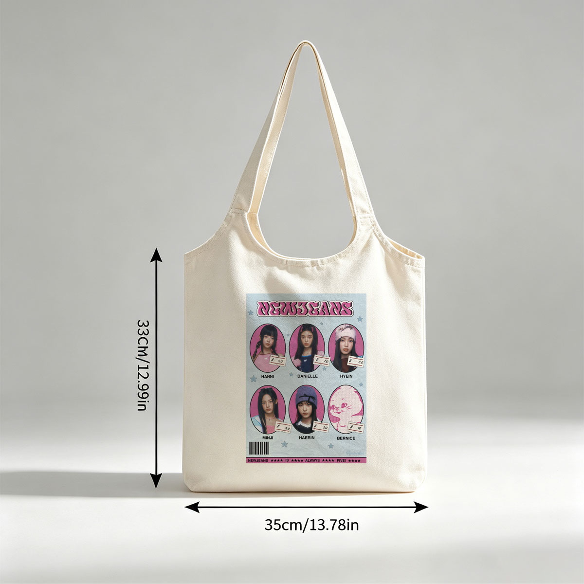 NEWJEANS Members in Pink-Themed Portrait Collage with Price Tags and Cartoon Character - Canvas shoulder bags/