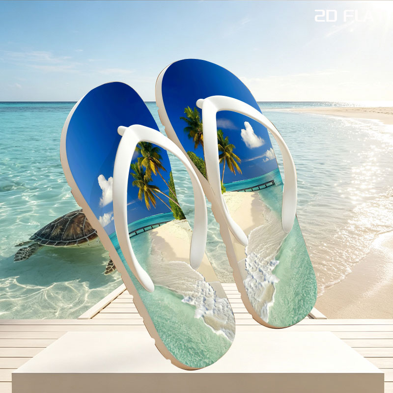 Tropical Beach with Palm Trees and Crystal Clear Water -  flip-flops