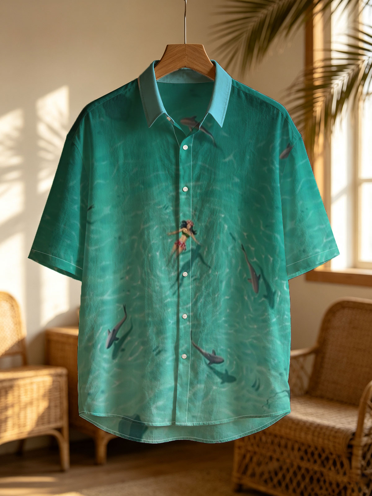 Woman swimming with sharks in clear turquoise water -  Shirt