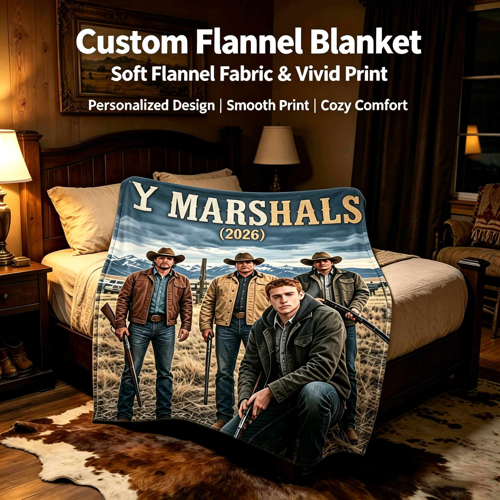 Custom Face Blanket Yellowstone Marshals Movie Inspired Flannel Blanket Cozy Western Theme Perfect for Home Decor or Gift Giving