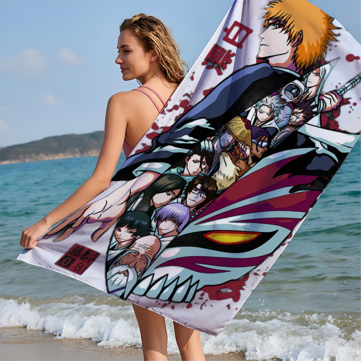 Bleach Characters: Ichigo Kurosaki, Rukia Kuchiki, Renji Abarai, and Others in Action Pose with Zanpakuto and Hollow Mask - Beach towels