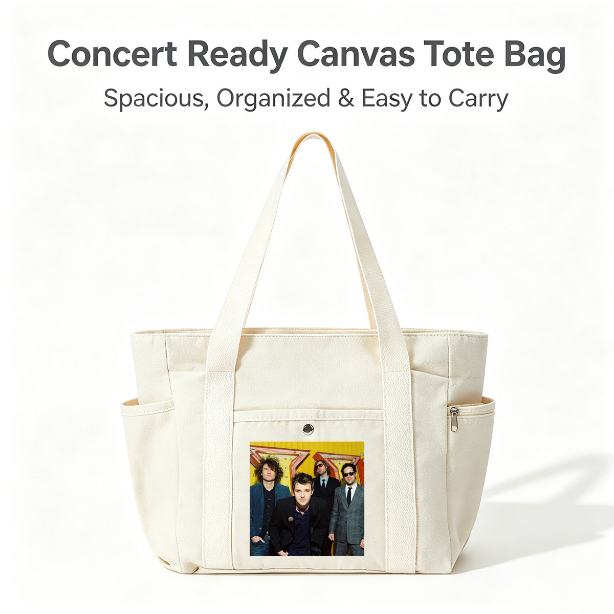 The Killers Band Members in Formal Wear Against a Vibrant Yellow Background - Multi-pocket bags