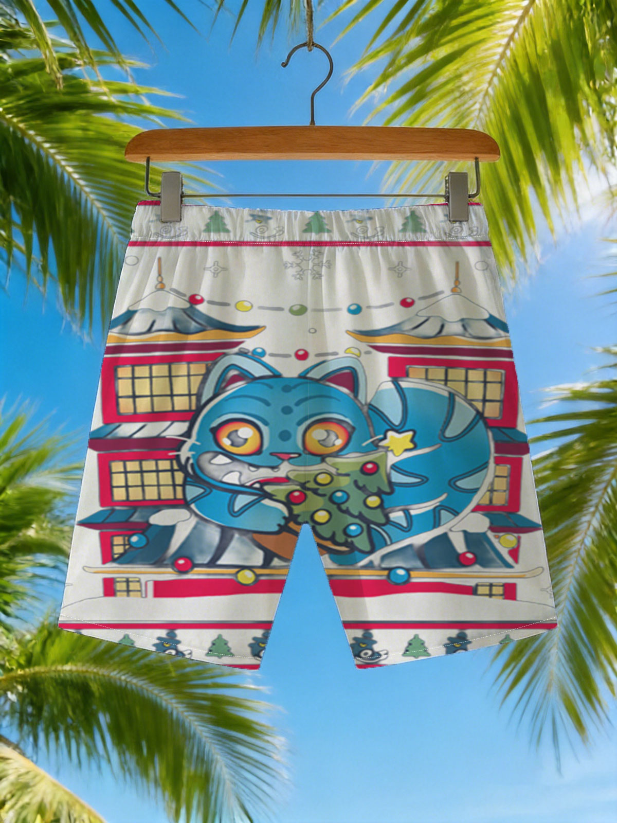Blue Cat with Christmas Tree in Front of Pagoda House -  Beach shorts