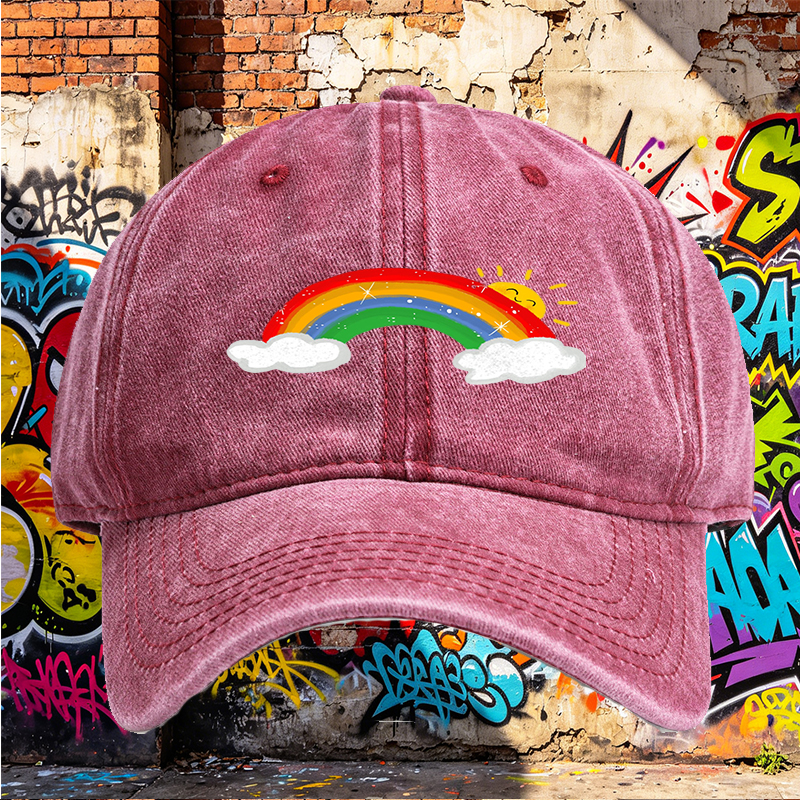 Unisex Classic Washed Cap with Rainbow and Sun Print | Casual Outdoor Hat for Adults and Teens | Perfect for Daily Wear, Travel, and Beach Activities
