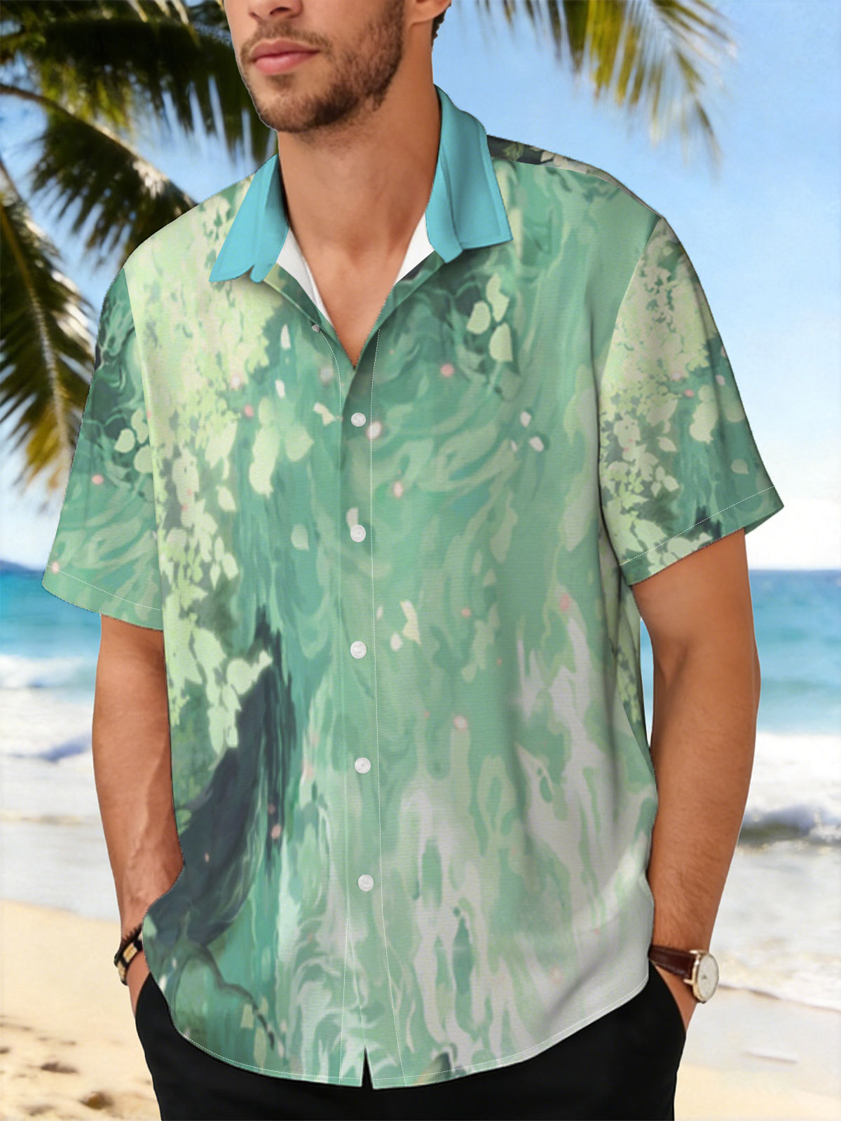 A woman floats gracefully in emerald waters, surrounded by blooming flowers and gentle ripples. -  Shirt