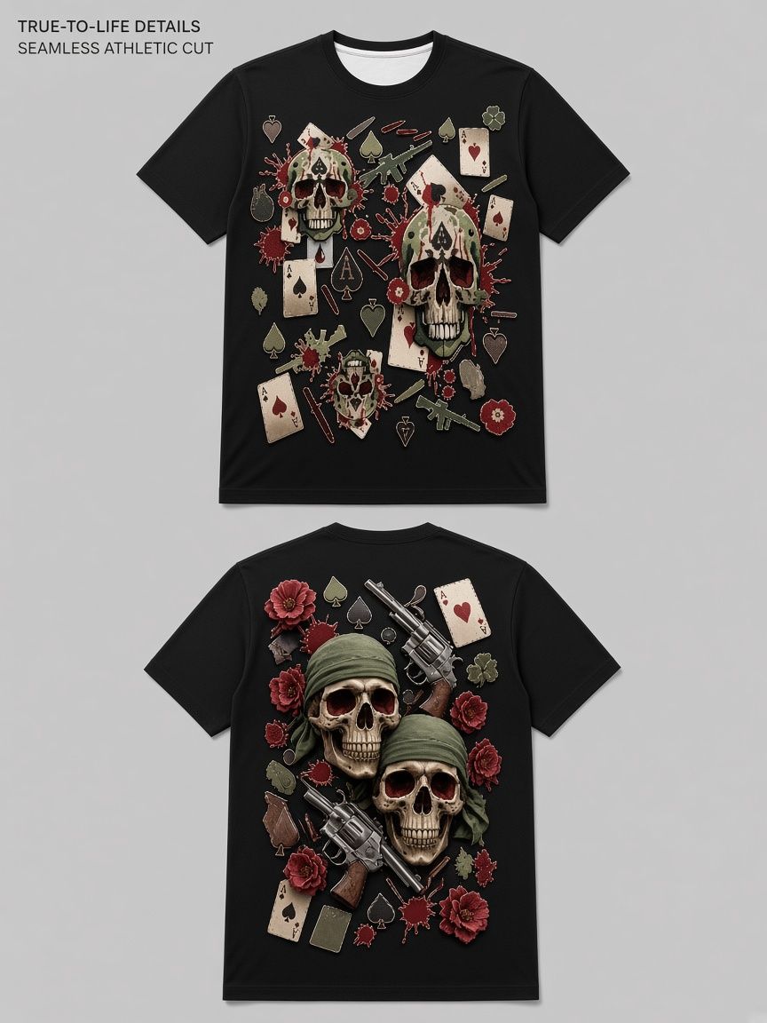 Tactical Skull Poker 3D Optical Illusion Graphic Tee Breathable Athletic Mesh T-Shirt Casual and Sports Wear