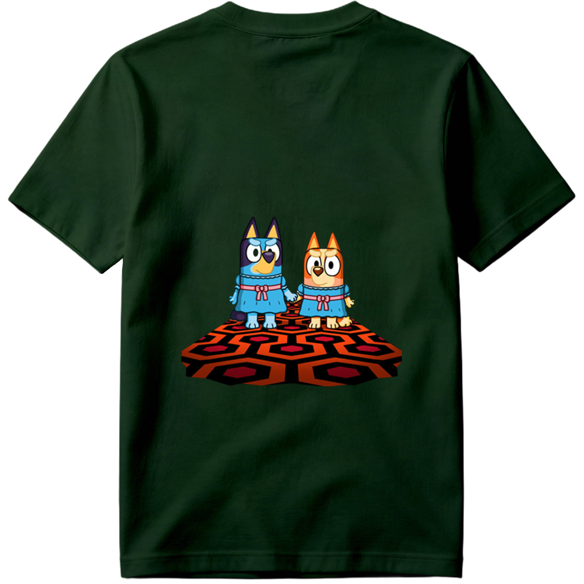 Bluey and Bingo in Matching Dresses on a Patterned Rug - Tee