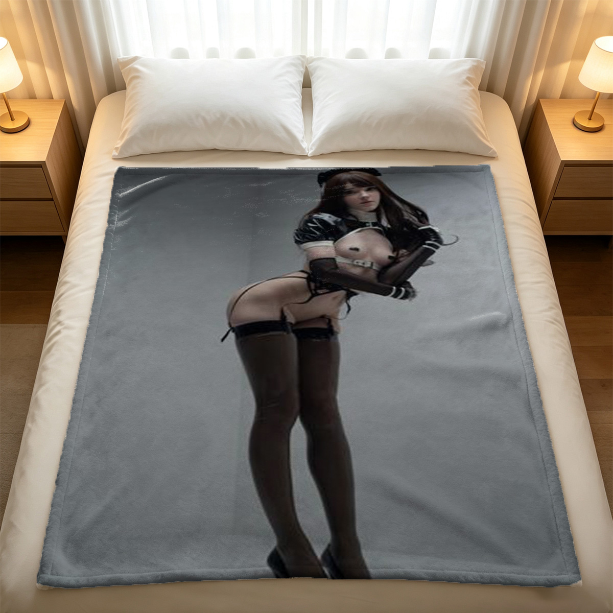 Nude Brunette in Black Strappy Lingerie Posing Seductively - Blanket
