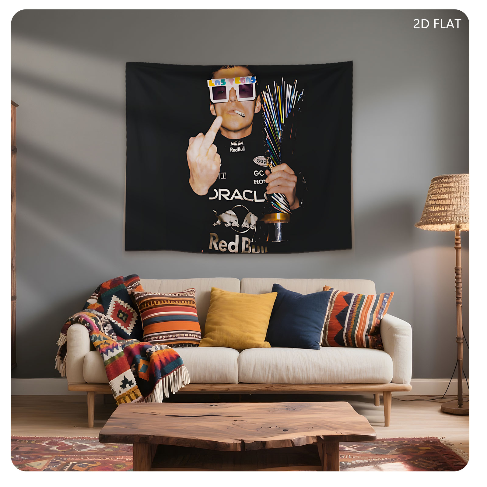 Max Verstappen in Red Bull Racing Gear with 3D Glasses and Cigar - Tapestry