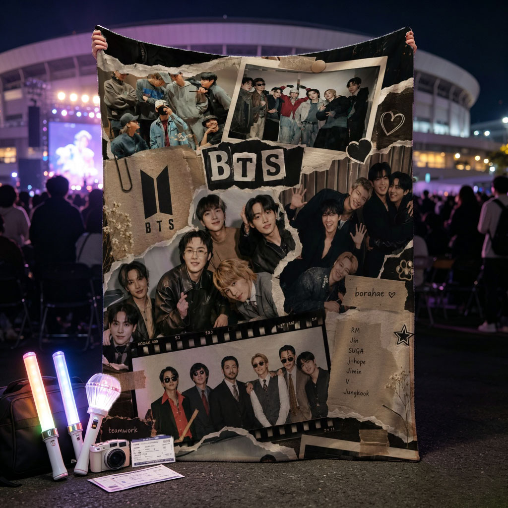 BTS Group Photo Collage Featuring Members in Various Outfits and Settings with Fans and Teamwork Theme - Blankets