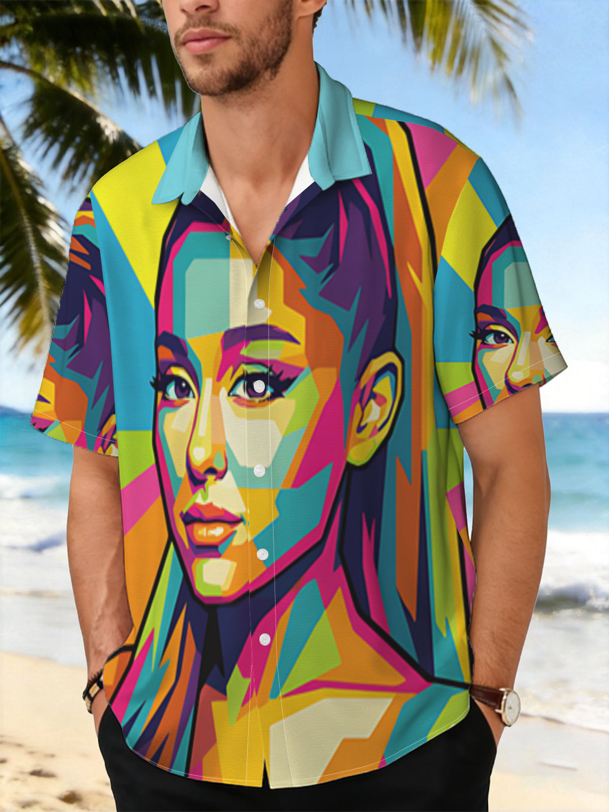 Colorful Pop Art Portrait of a Woman with Vibrant Geometric Patterns -  Shirt
