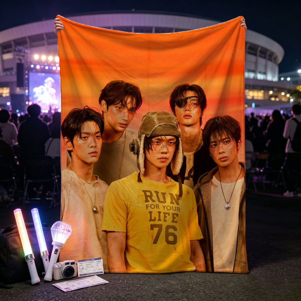 TXT Members in a Bold Group Pose Against a Vibrant Orange Sky Background - Blankets