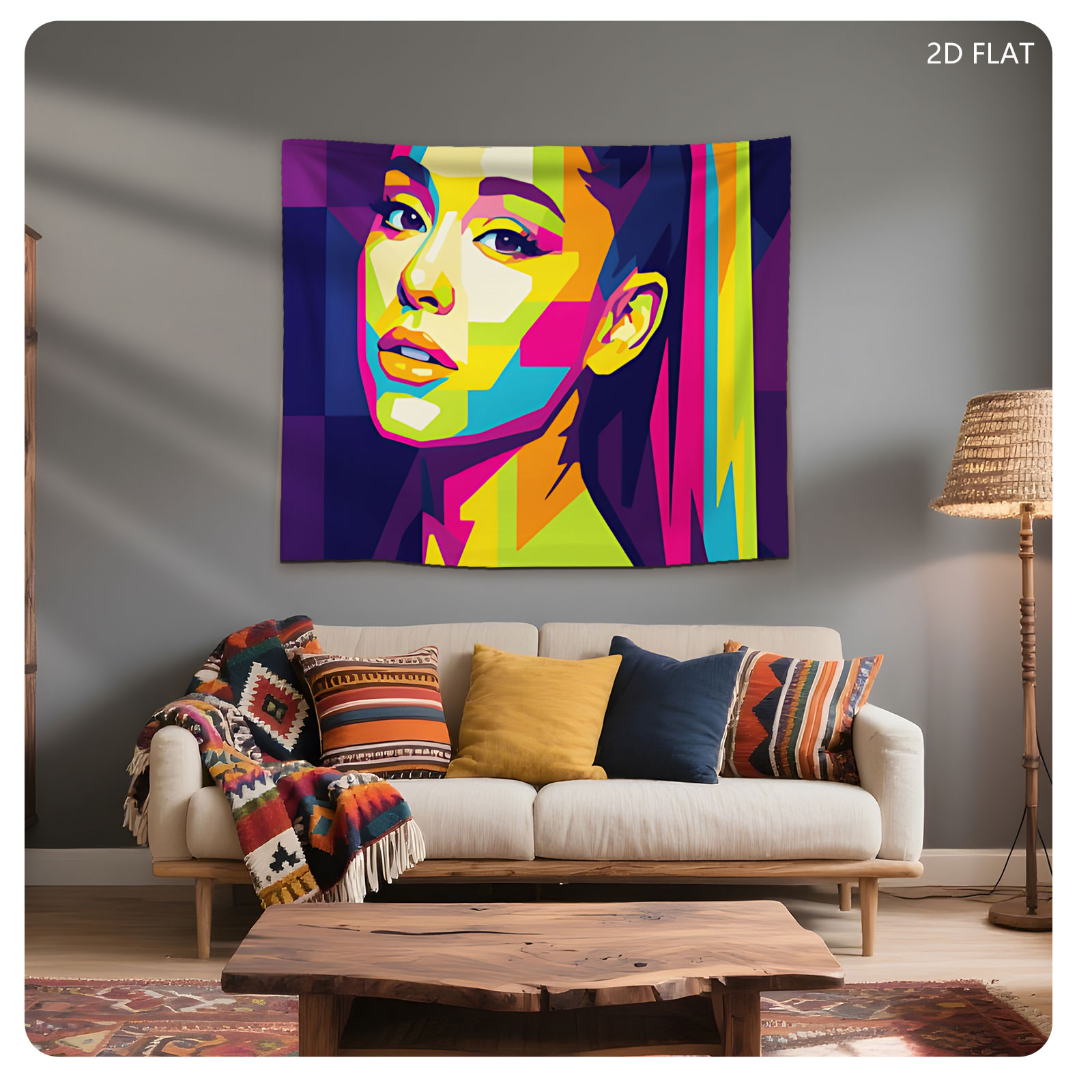 Colorful Pop Art Portrait of a Woman with Vibrant Hair and Geometric Patterns - Tapestry