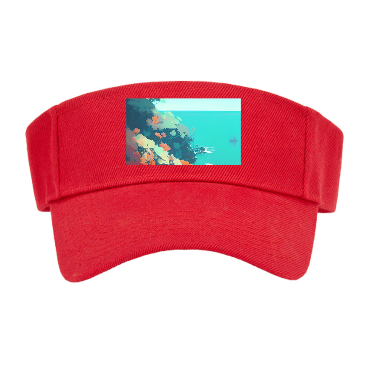 Colorful coastal landscape with vibrant flora and a distant ship on turquoise waters. -  Visor cap