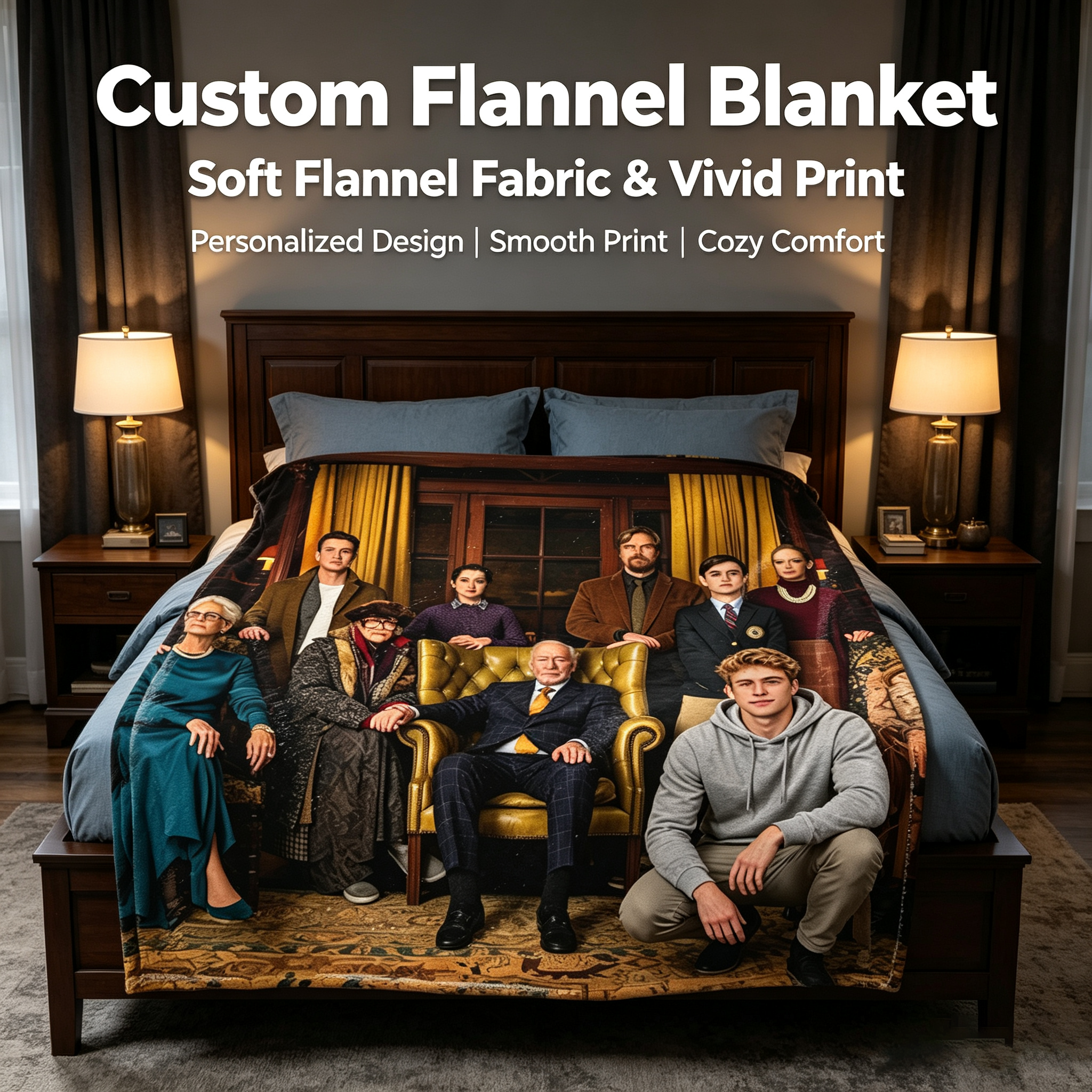 Custom Face Blanket Family Portrait Vintage Style Flannel Blanket Cozy Living Room Decor Gift for Relatives and Friends