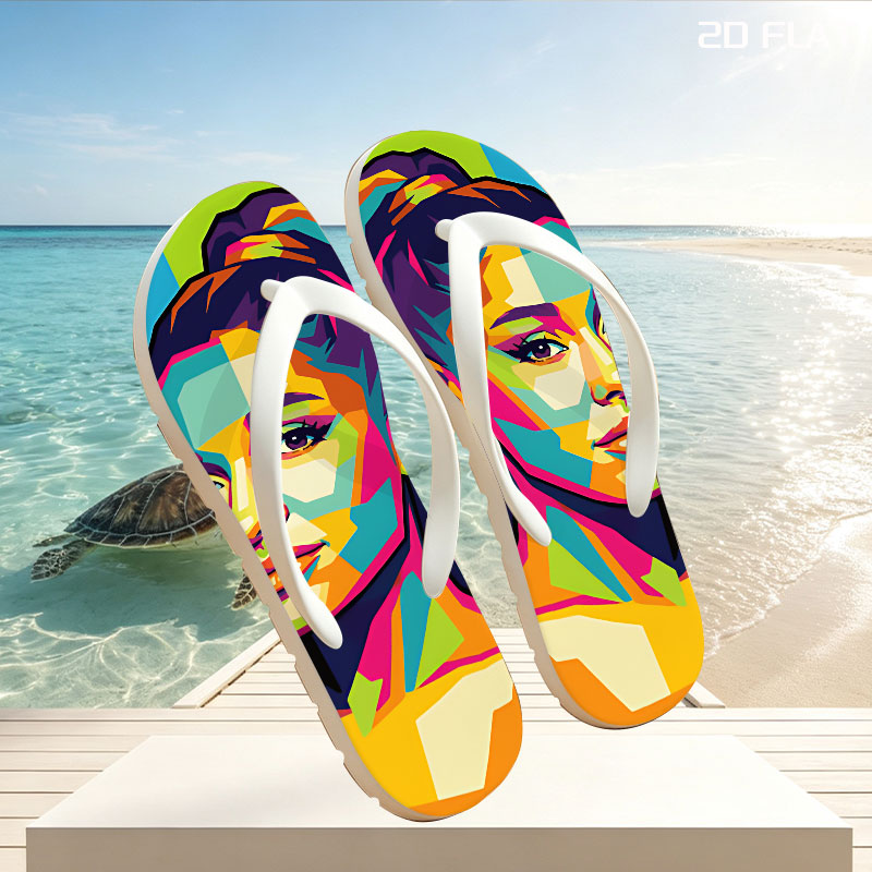 Colorful Pop Art Portrait of a Woman with Vibrant Geometric Patterns -  flip-flops
