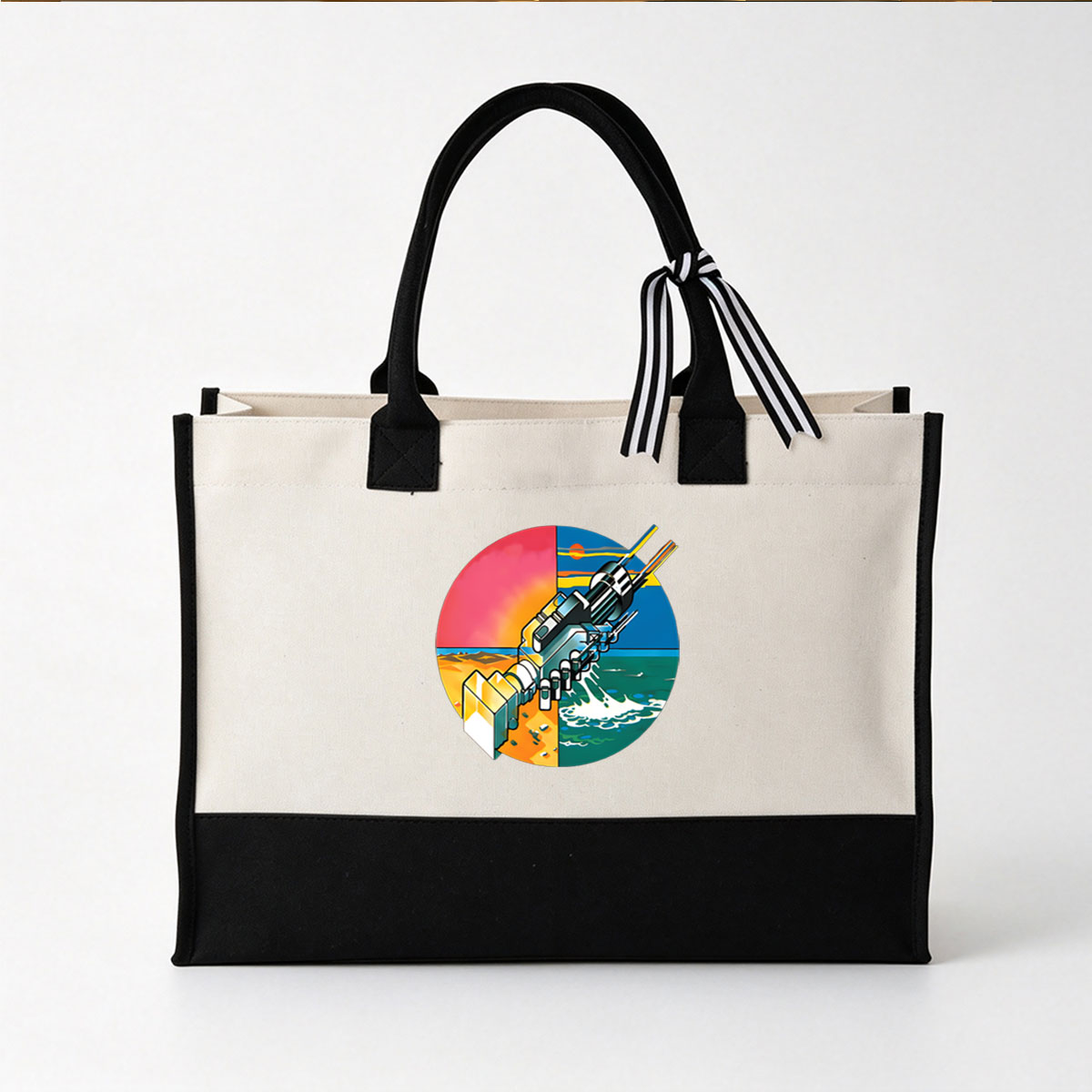 Mechanical Gun in Desert and Ocean Landscape - Canvas patchwork gift tote bag