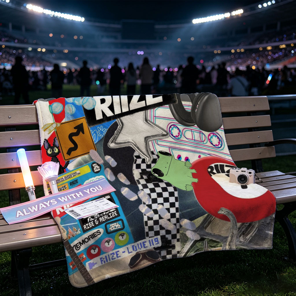 RIIZE Music Collage Featuring Band Merch, Camera, Sneakers, and Pop Culture Elements - Blankets