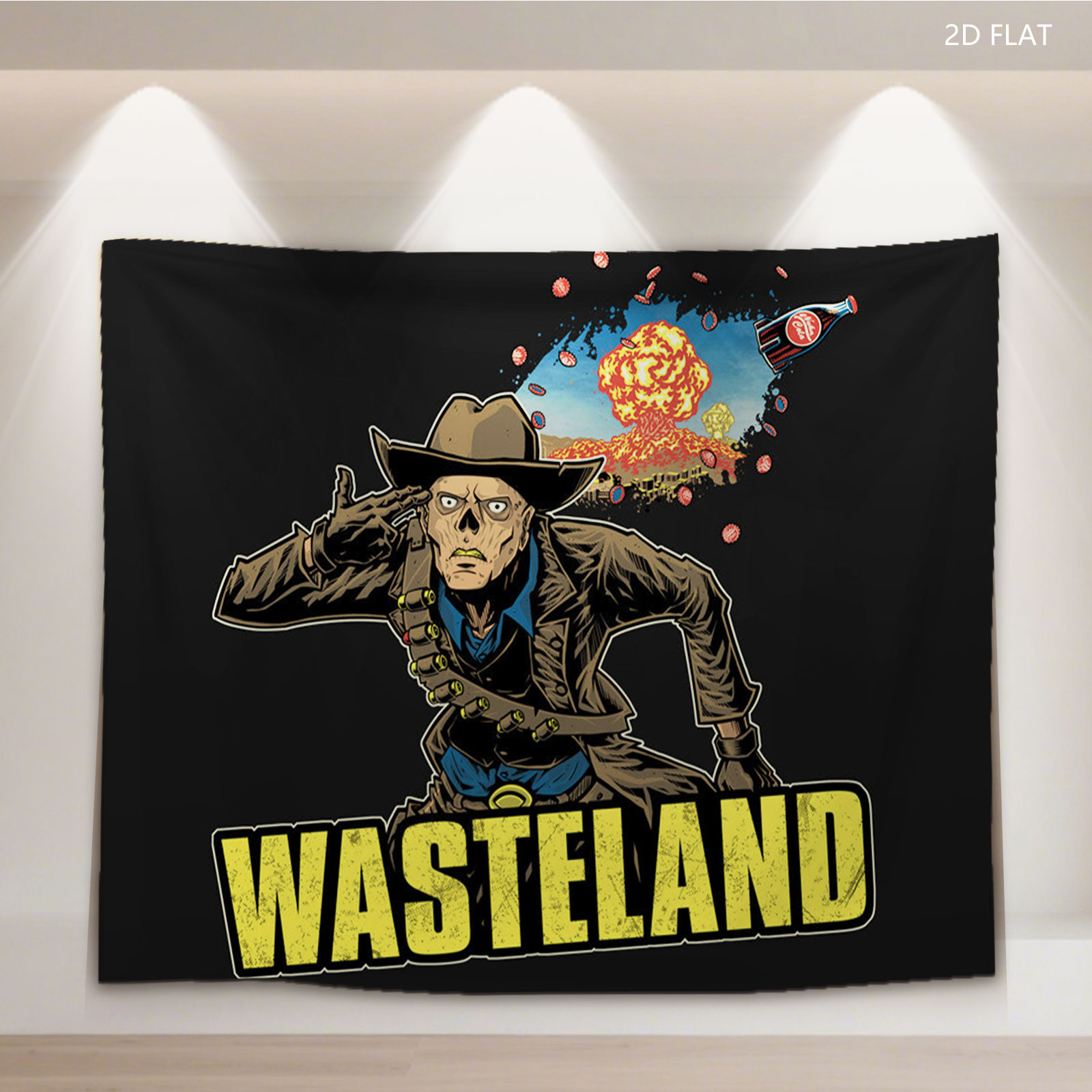 Wasteland: Cowboy in Post-Apocalyptic Desert with Explosion and Bottle - Tapestry