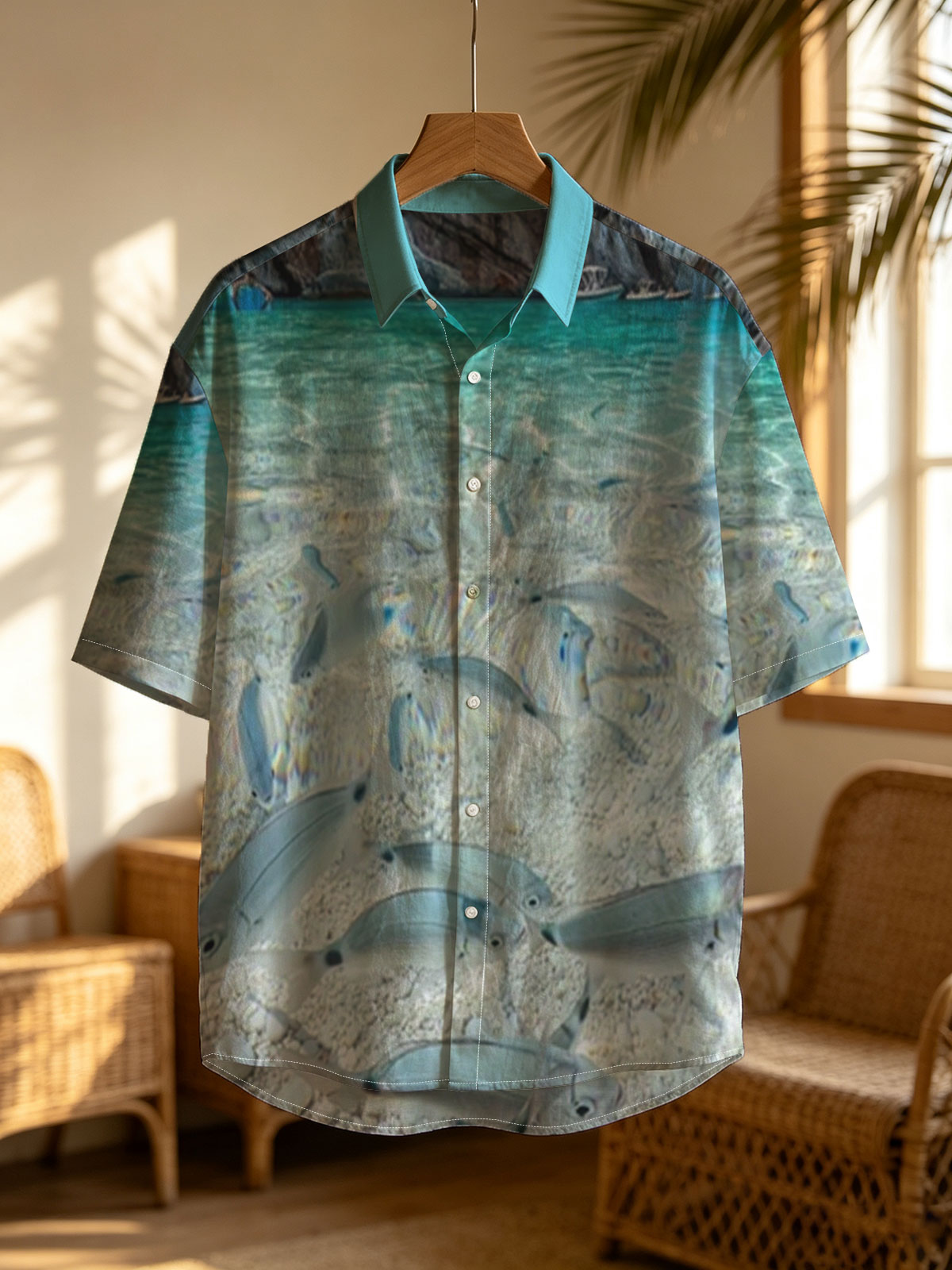 Clear waters reveal schools of fish swimming near a rocky shore with boats in the distance. -  Shirt