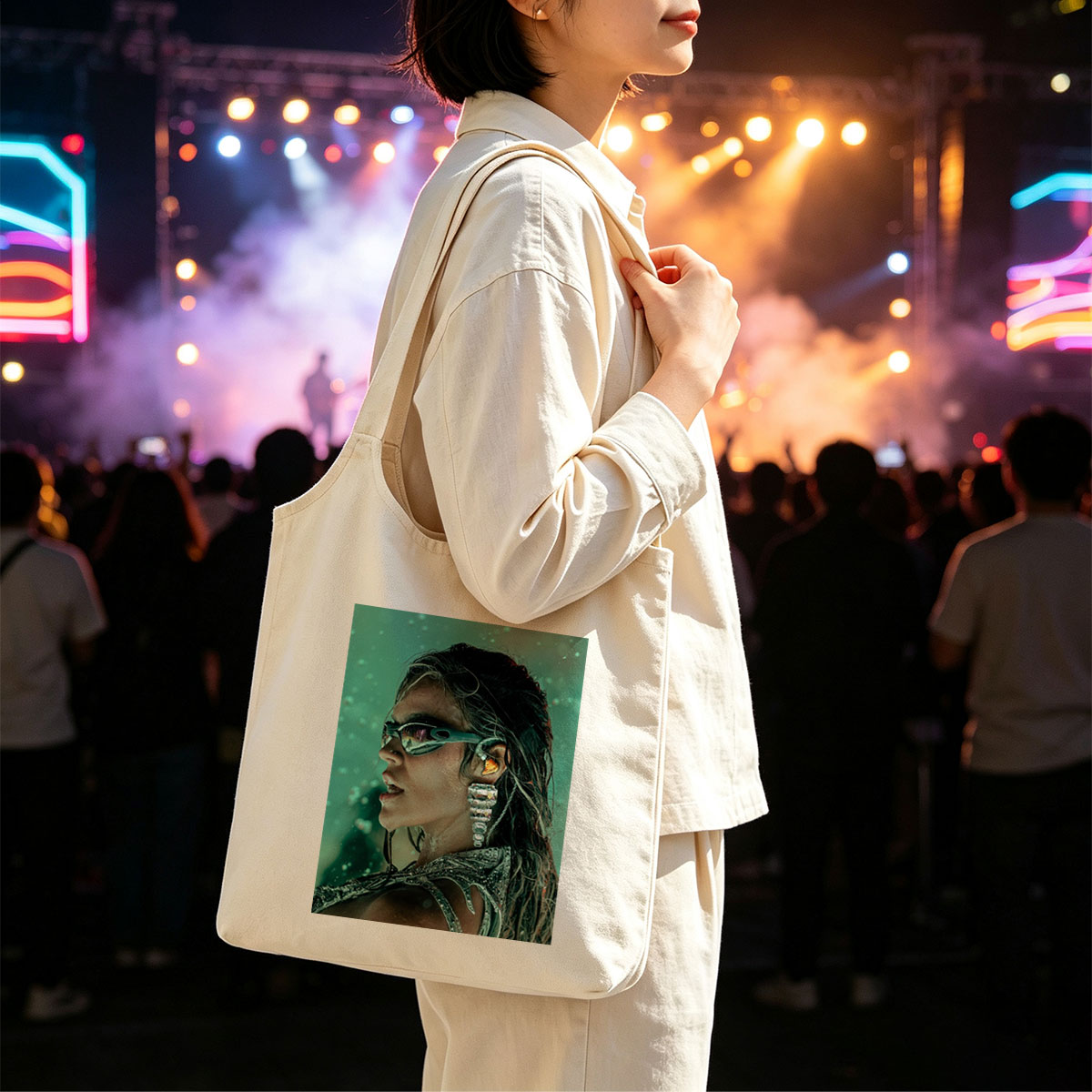 Beyonce in Futuristic Fashion – Stunning Portrait with Reflective Goggles and Crystal Earrings - Canvas shoulder bags/