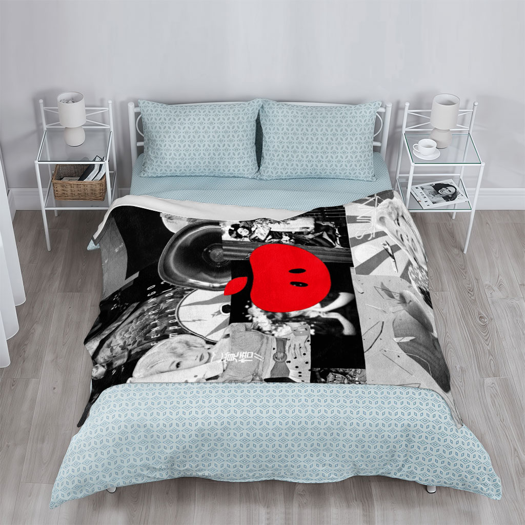 Ringo Sheena in a Retro-Futuristic Collage Featuring Black-and-White Portraits, Vinyl Records, and a Bold Red Apple Logo - Blankets