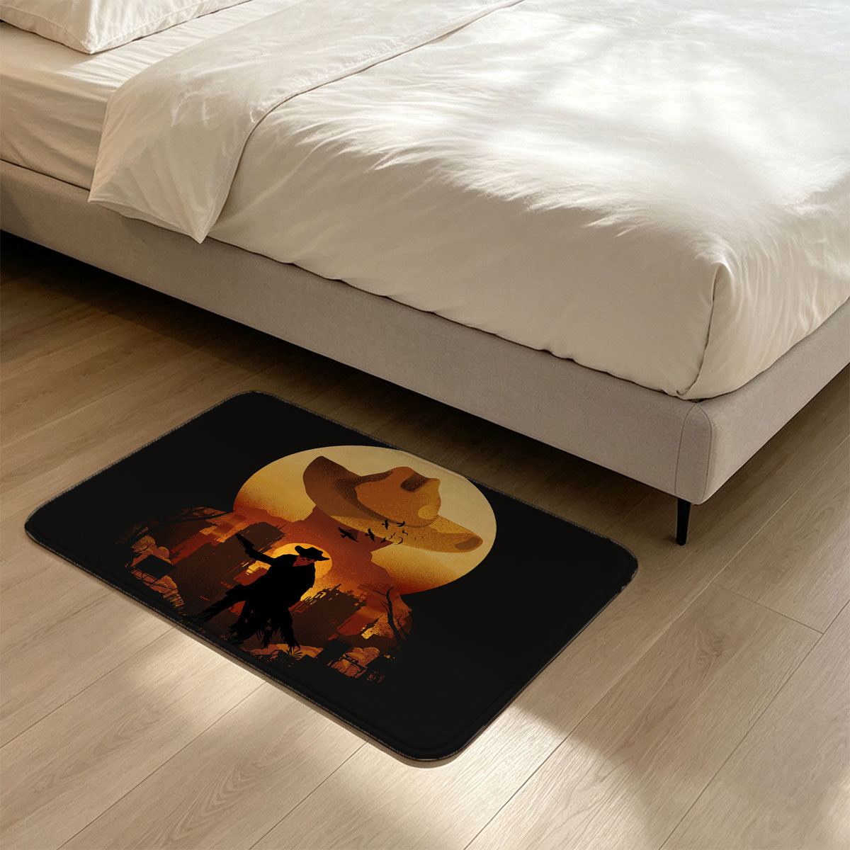 The Cowboy Silhouette Against a Moonlit Cityscape - Flannel floor mat
