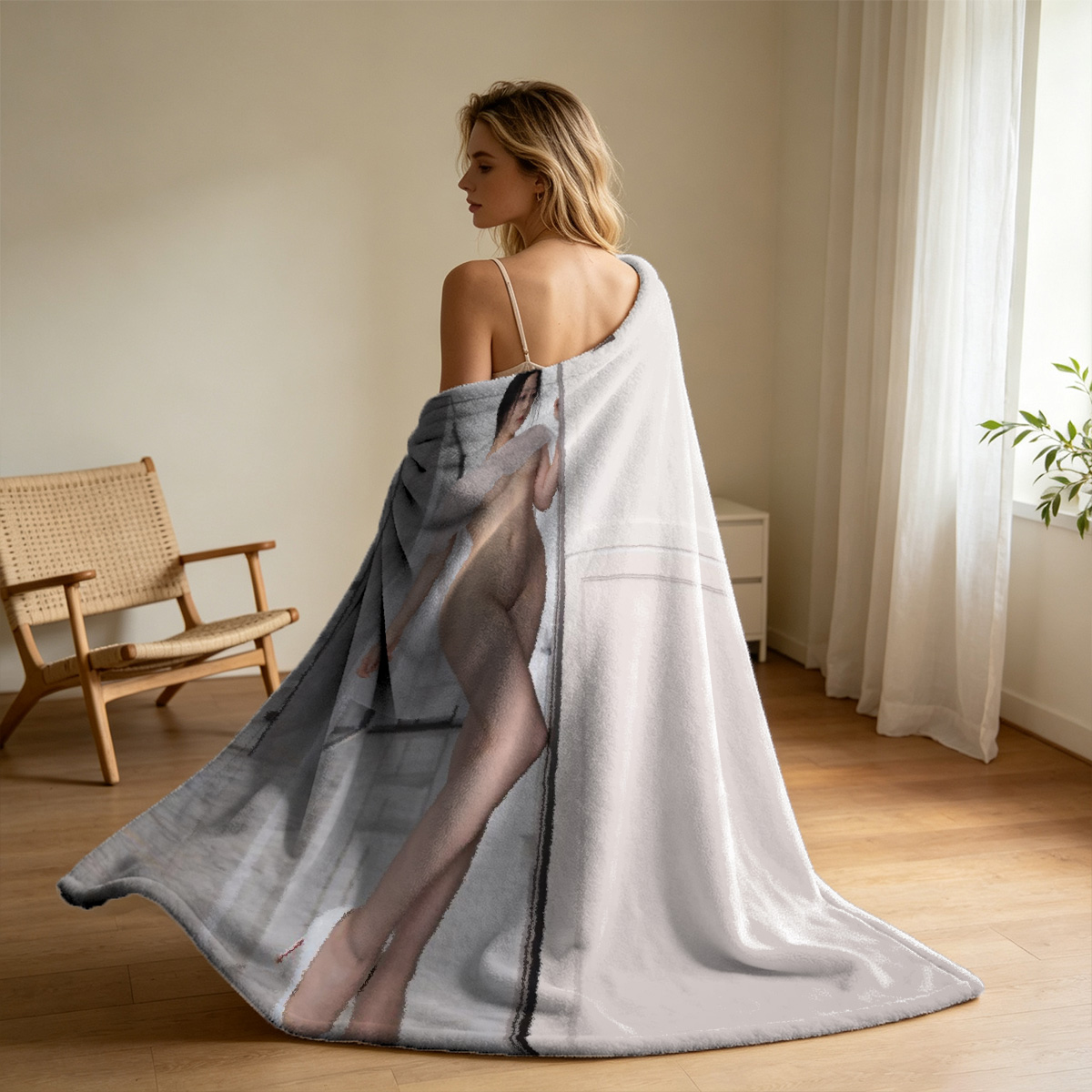 Shower Girl in Transparent Plastic Lingerie Sitting by Window - Blanket