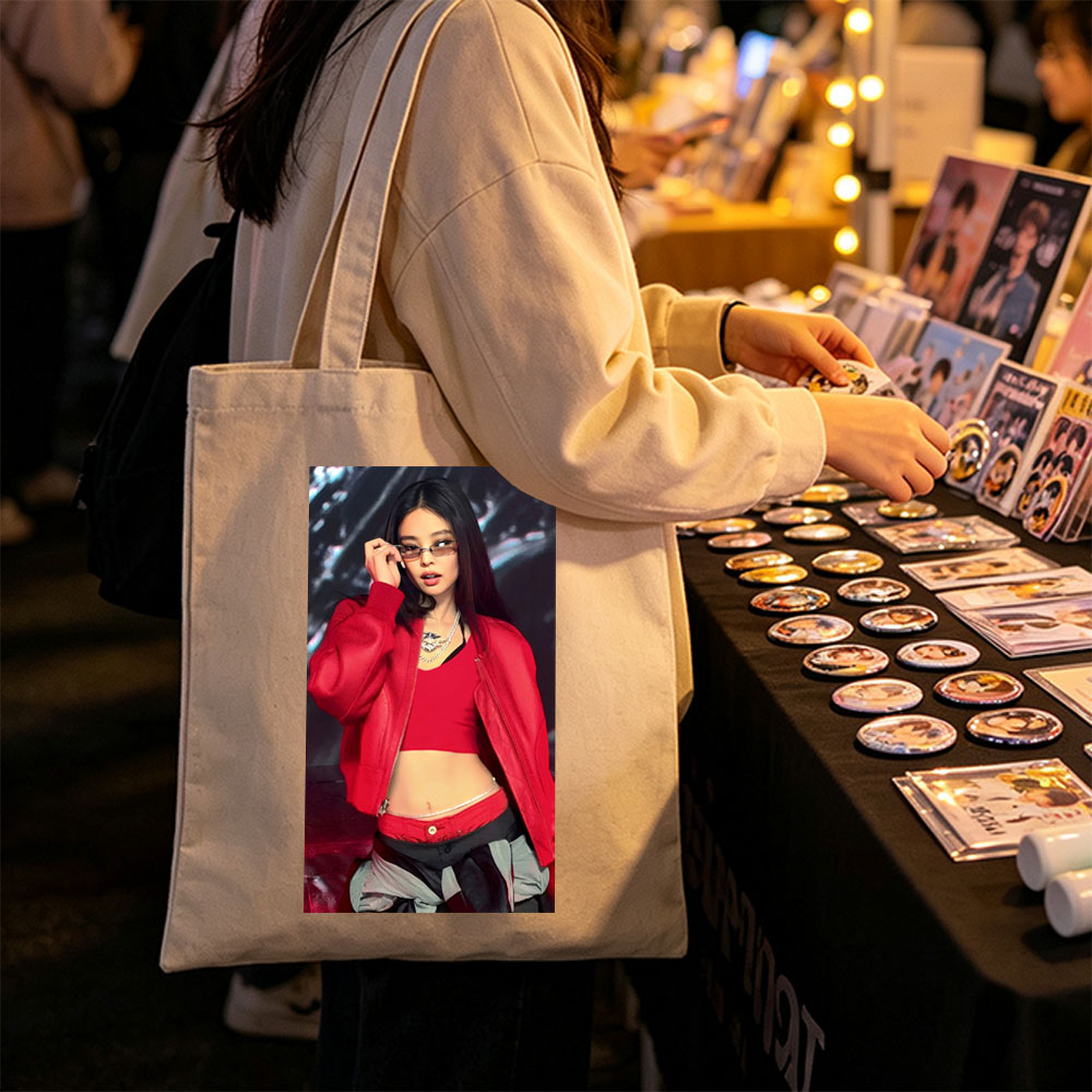 Jennie Kim in a Bold Red Outfit at a Fashion Event Wearing Glasses and Statement Jewelry - Canvas tote bags