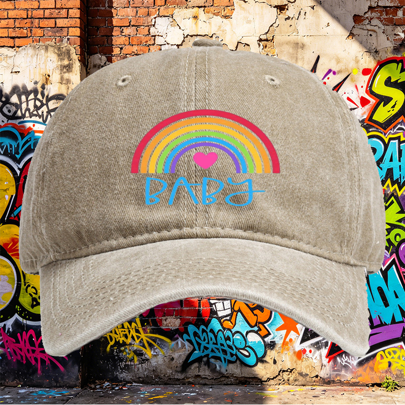 Unisex Classic Washed Cap with Rainbow Heart Baby Print | Casual Streetwear Hat for Adults and Teens | Perfect for Daily Wear, Outdoor Activities, and Fashion Statements