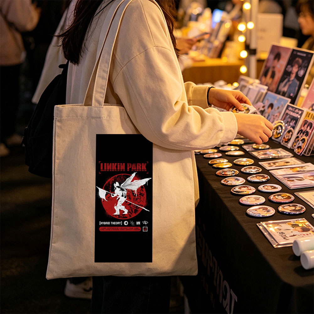 Linkin Park Album Cover Featuring Angelic Figure with Wings and Spear Against Red Circle Background - Canvas tote bags