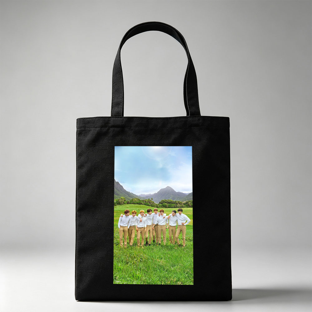 BTS in a Serene Mountain Field Wearing Matching White Shirts and Beige Pants - Canvas tote bags
