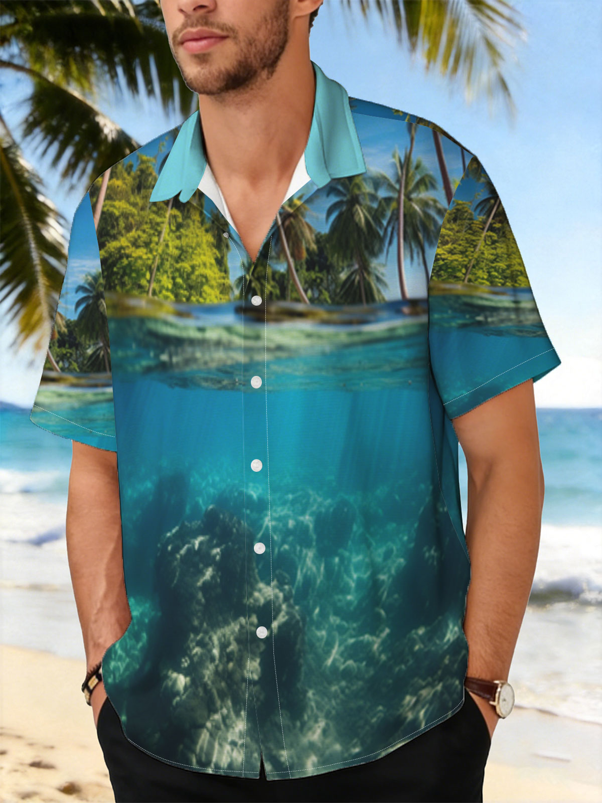 Tropical Paradise: Palm Trees and Coral Reef Underwater -  Shirt