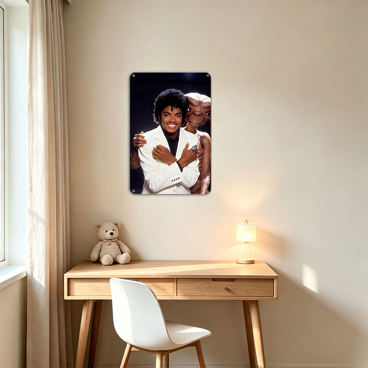 Michael Jackson and E.T. the Extra-Terrestrial in a playful pose - painting