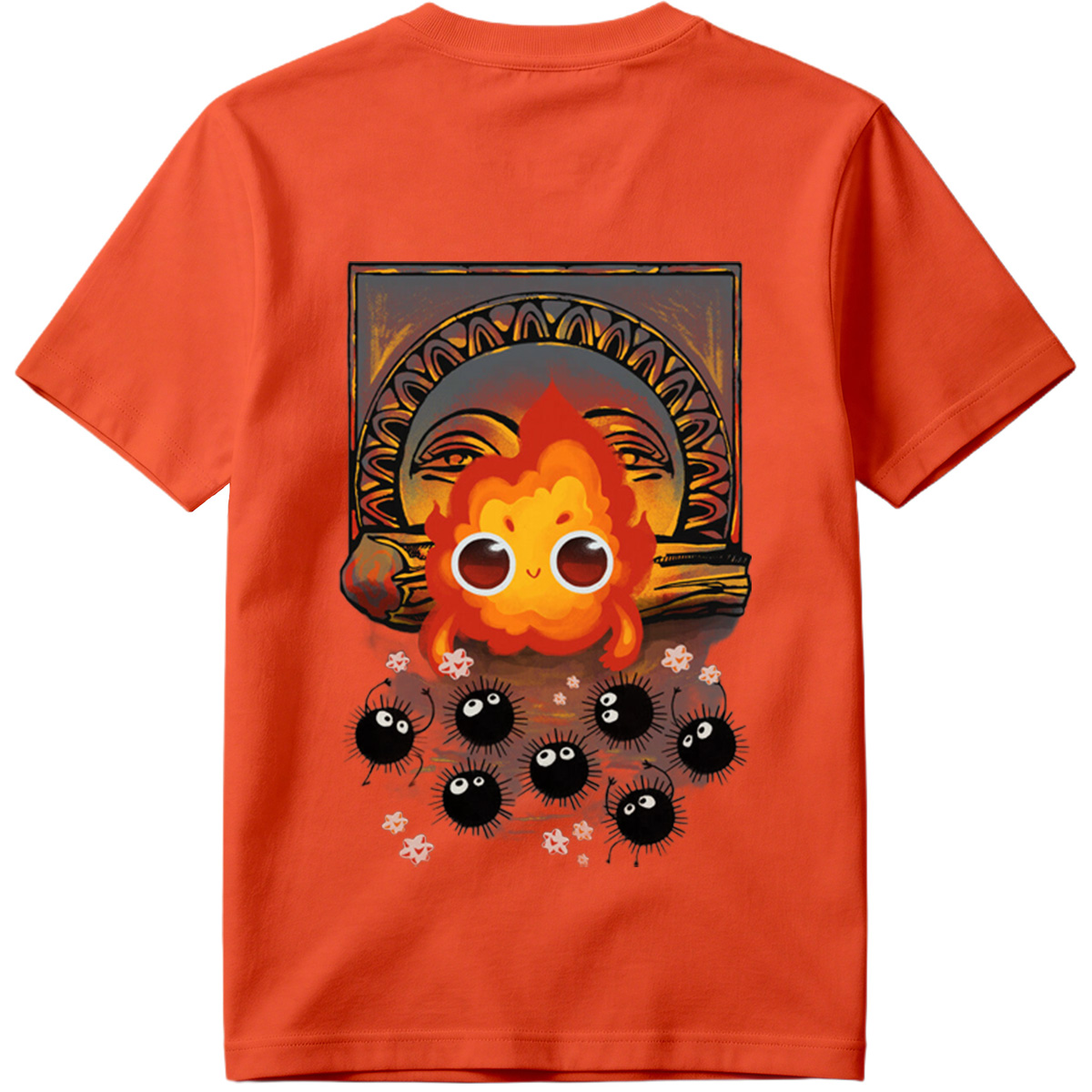 Cute Flame Character with Black Spiky Creatures and Ancient Mask Background - Tee