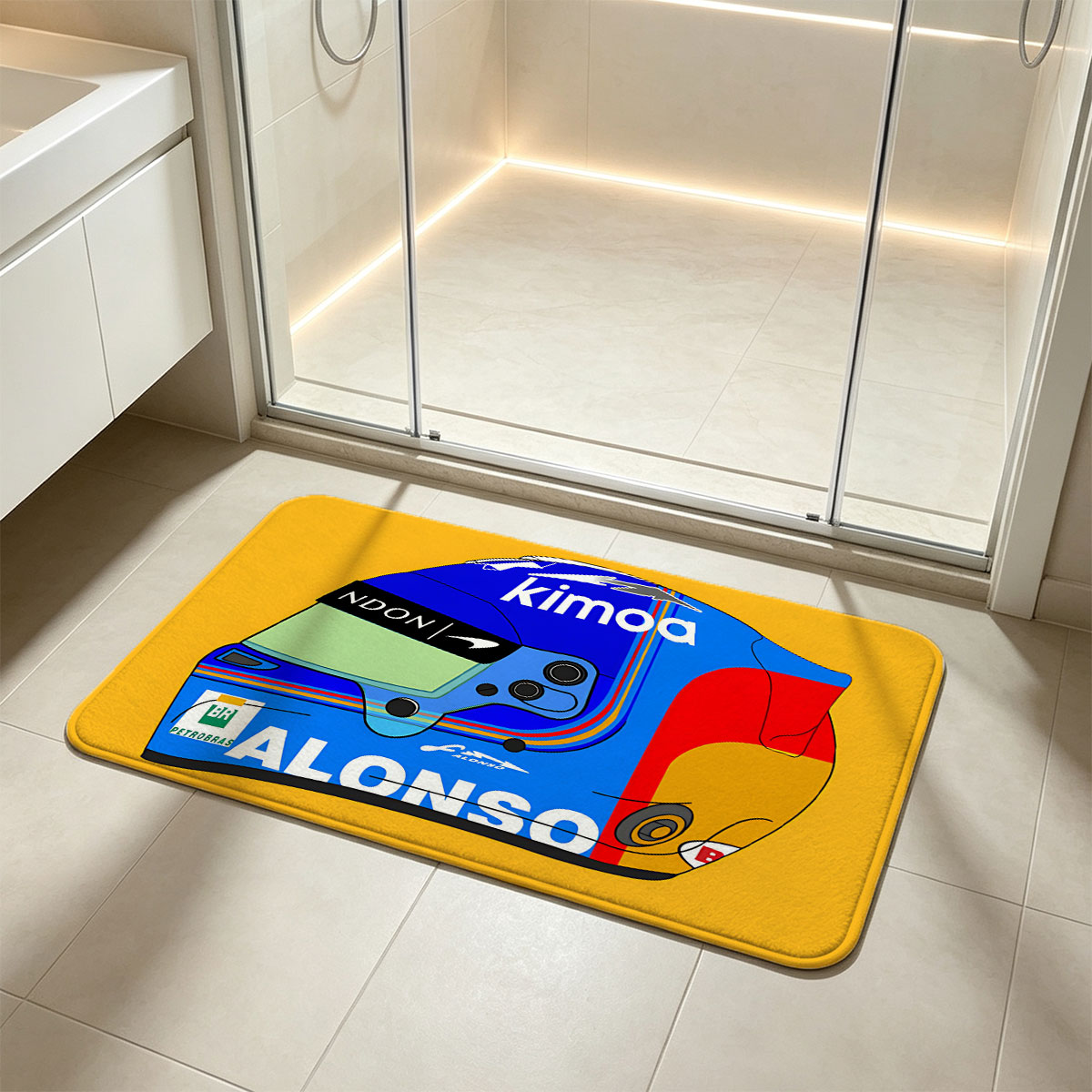 Fernando Alonso Racing Helmet Design Featuring Kimoa and Petrobras Logos - Flannel floor mat