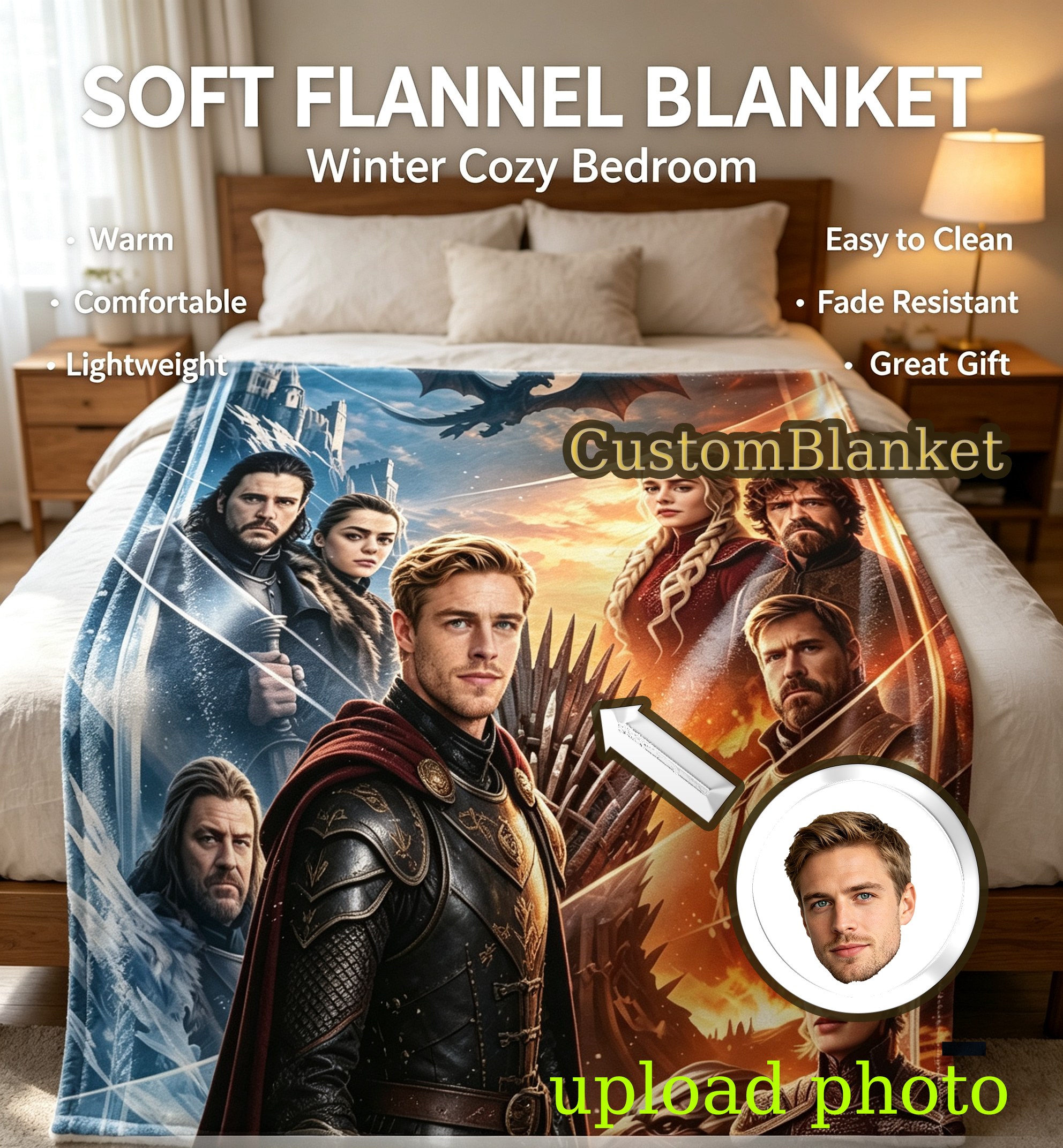 Custom Face Blanket Game of Thrones Characters Flannel Blanket Cozy Living Room Bedding Gift for Fans and Collectors