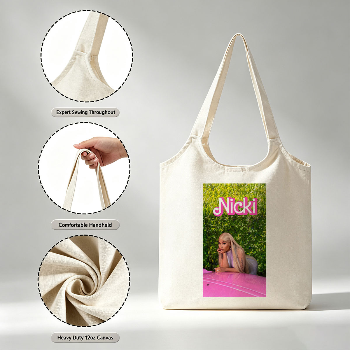 Nicki Minaj Leaning on Pink Car in Front of Green Hedge Wall - Canvas shoulder bags/