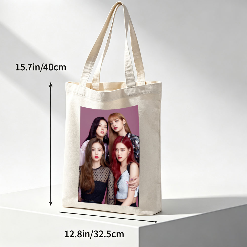BLACKPINK Group Portrait - Four Members in Stylish Outfits Against Purple Background - Canvas tote bags