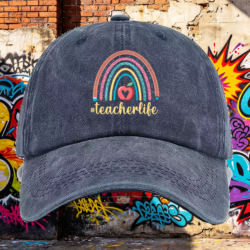 Men's Printed Washed Cap with Rainbow Apple and #teacherlife Design - Casual Round Brim Summer Lightweight Hat for Teachers and Educators