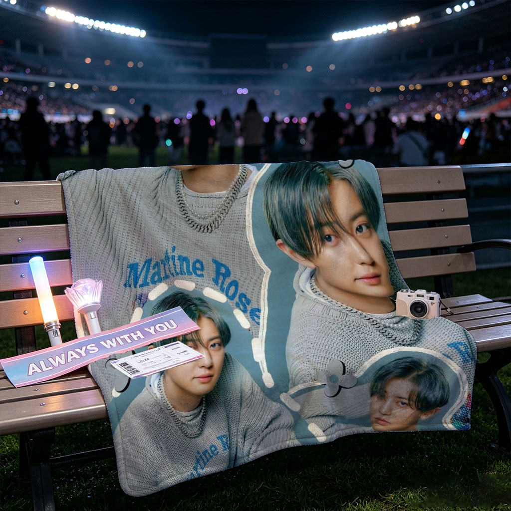 Kai - Multiple Poses in Gray Sweater with Marine Rose Design - Collage Style Photo - Blankets